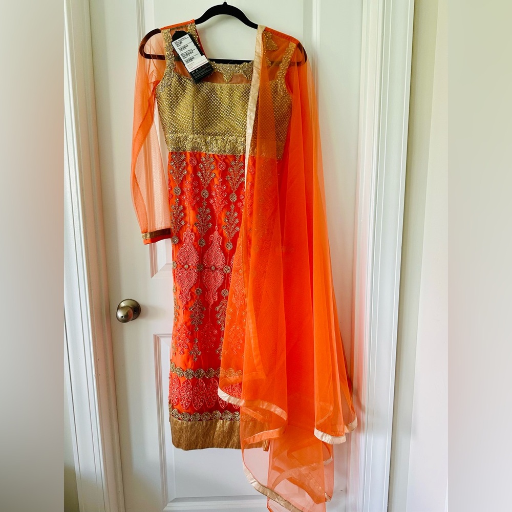Orange and Gold Dress with Sheer Dupatta